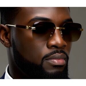 Gold Frame Mens Brown Tint Rimless Woodgrain Buffs Shades Hip Hop Sunglasses New